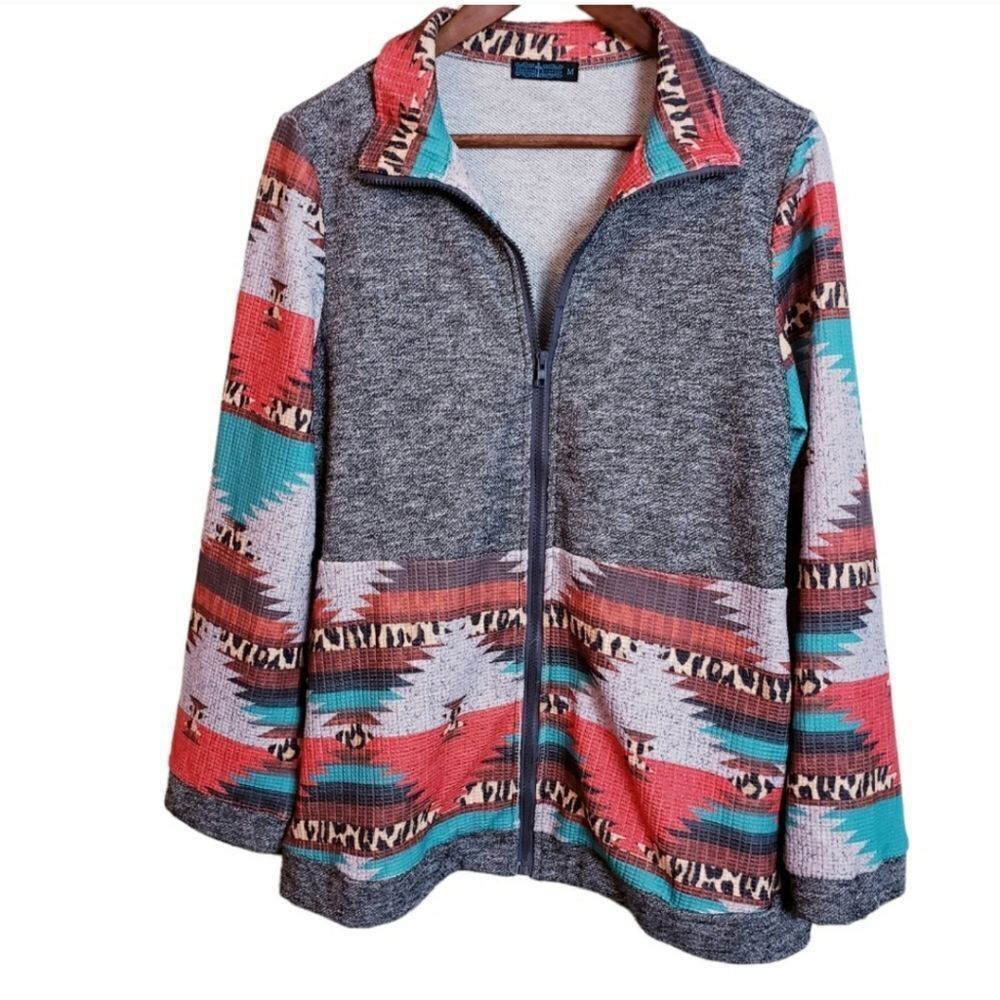 Fashion Express Tribal Western Full- Zip Long Sleeve Multicolored Jacket Sz M
